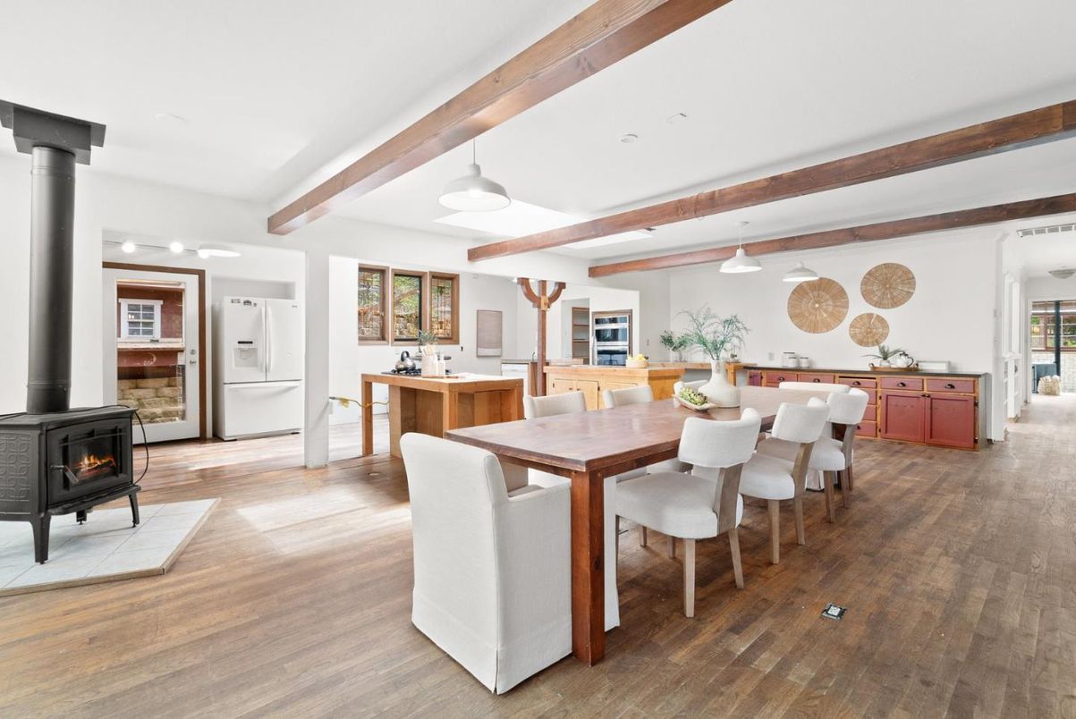 Dining room, Fireplace, Interior, Pendant Lights, Wooden Beams, Wood Texture Flooring