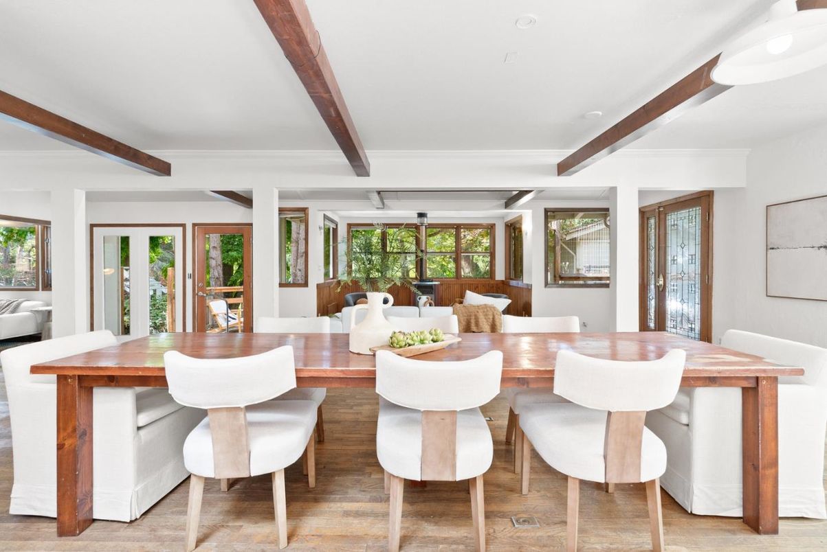 Dining room, Interior, Recessed Lighting, Wooden Beams, Wood Texture Flooring