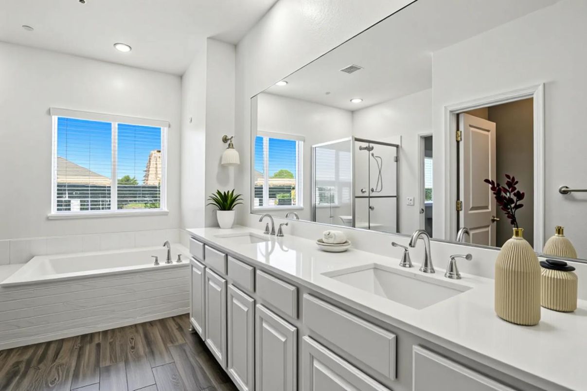 Bathroom, Dual Sink Vanities, Interior, Recessed Lighting, Wood Texture Flooring