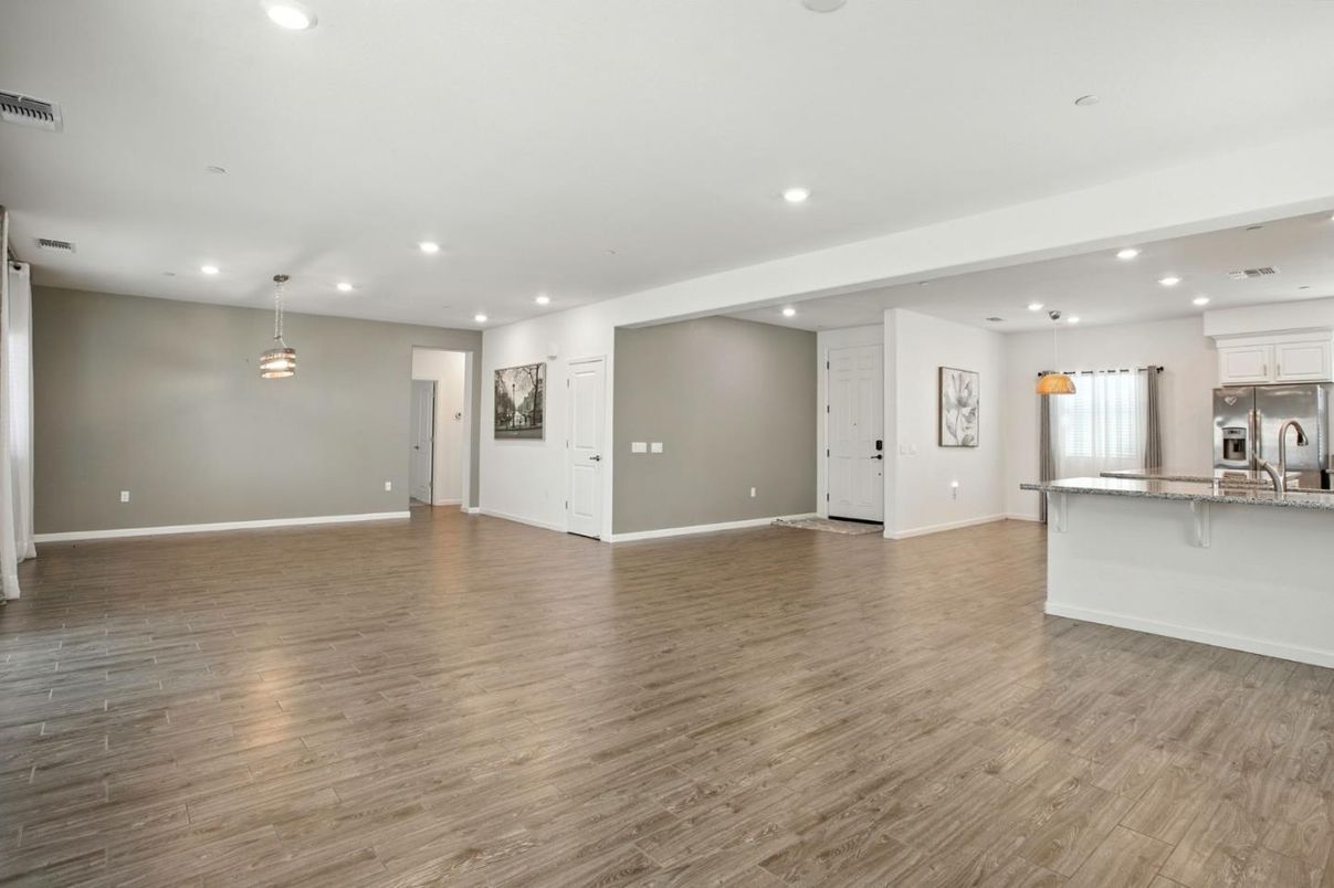 Empty room, Interior, Kitchen, Pendant Lights, Recessed Lighting, Wood Texture Flooring