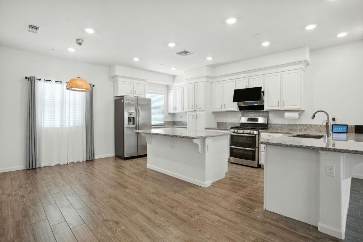 Interior, Kitchen, Pendant Lights, Recessed Lighting, Stainless Steel Appliances, Wood Texture Flooring