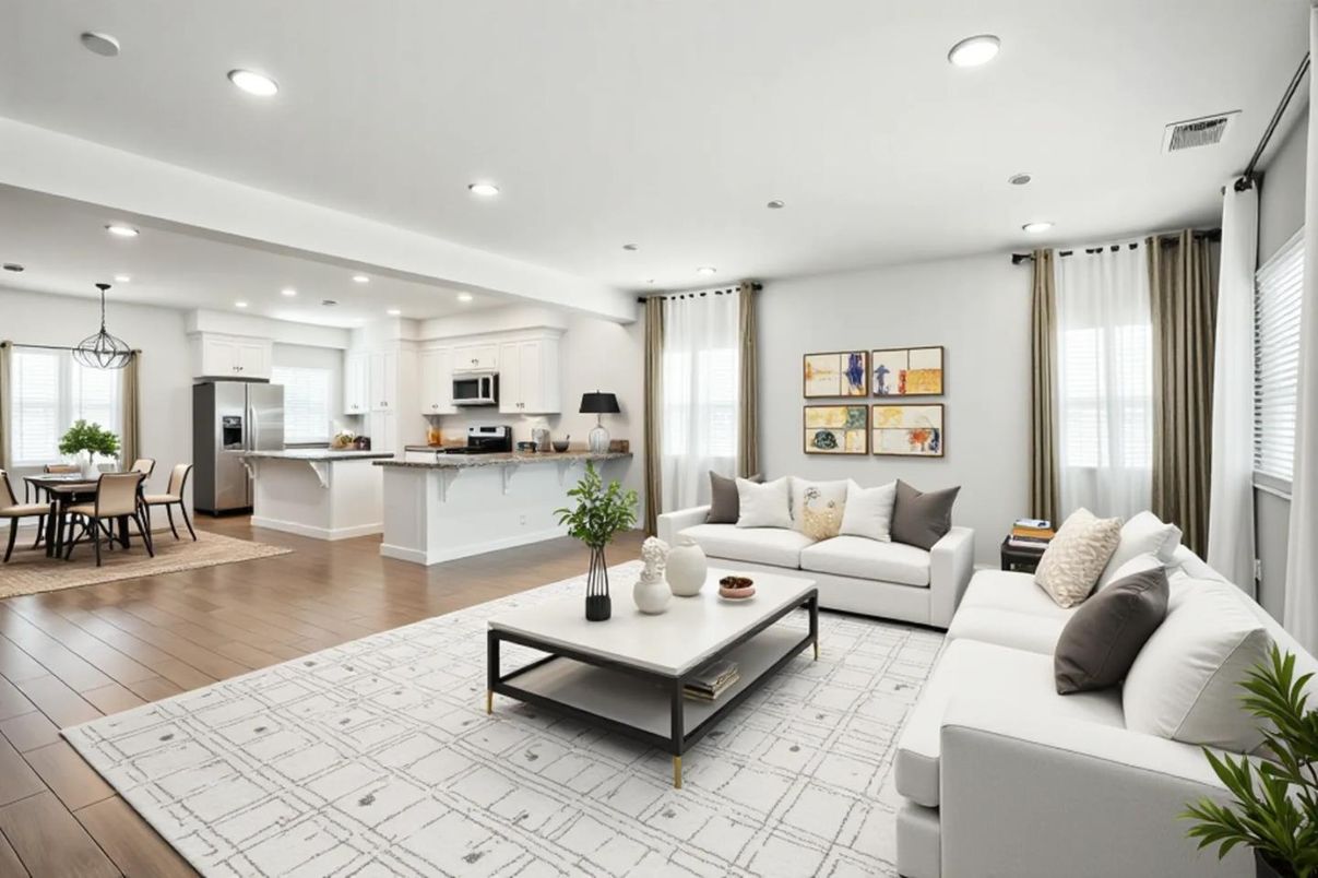 Dining room, Interior, Kitchen, Living room, Pendant Lights, Recessed Lighting, Stainless Steel Appliances, Wood Texture Flooring