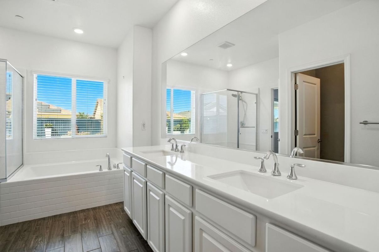 Bathroom, Dual Sink Vanities, Glass Shower, Interior, Recessed Lighting, Wood Texture Flooring