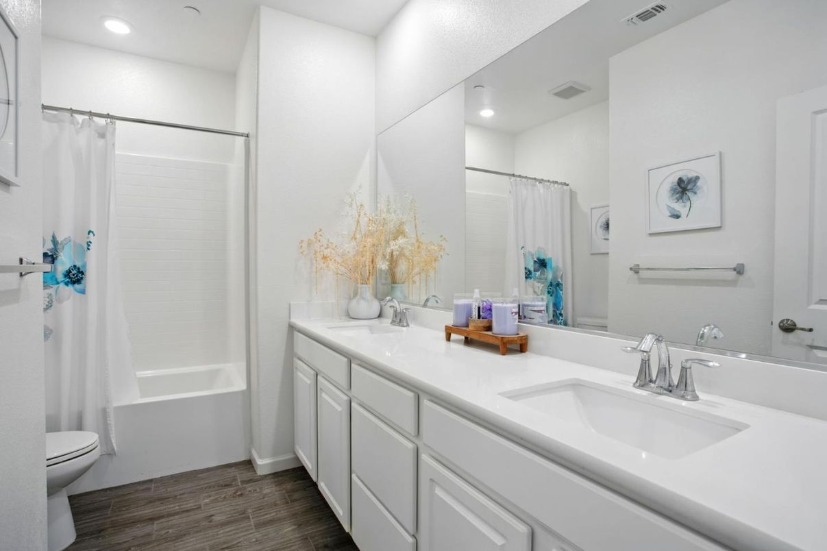 Bathroom, Dual Sink Vanities, Interior, Recessed Lighting, Wood Texture Flooring