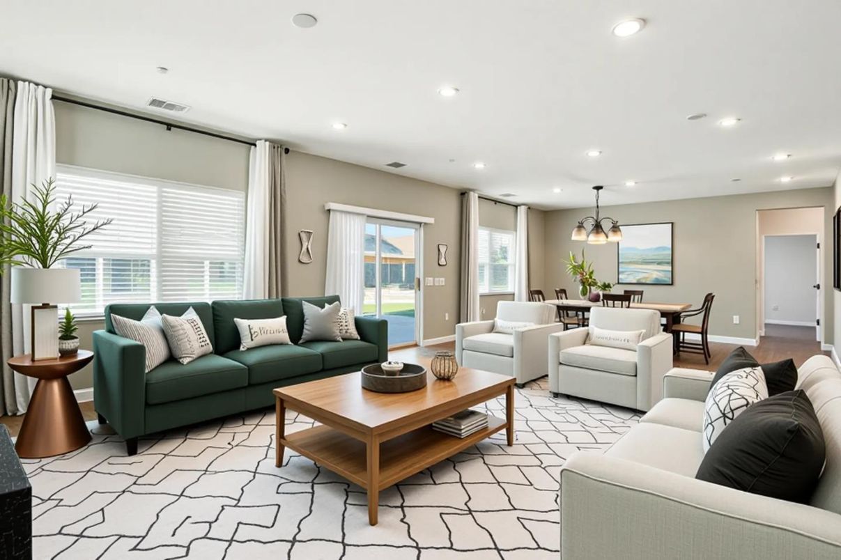 Dining room, Interior, Living room, Pendant Lights, Recessed Lighting, Wood Texture Flooring