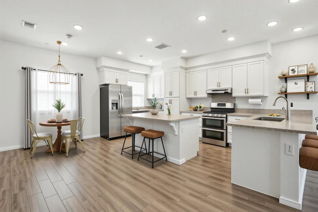 Dining room, Interior, Kitchen, Pendant Lights, Recessed Lighting, Stainless Steel Appliances, Wood Texture Flooring