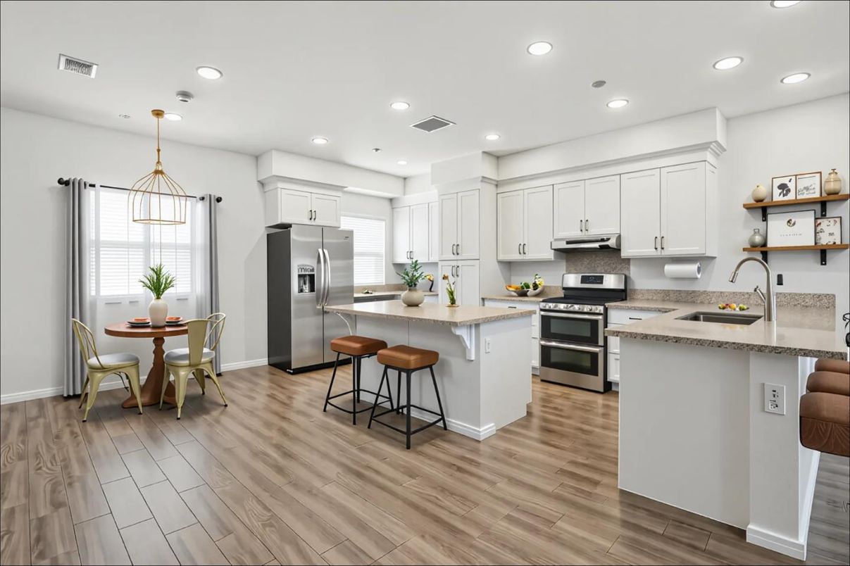 Dining room, Interior, Kitchen, Pendant Lights, Recessed Lighting, Stainless Steel Appliances, Wood Texture Flooring