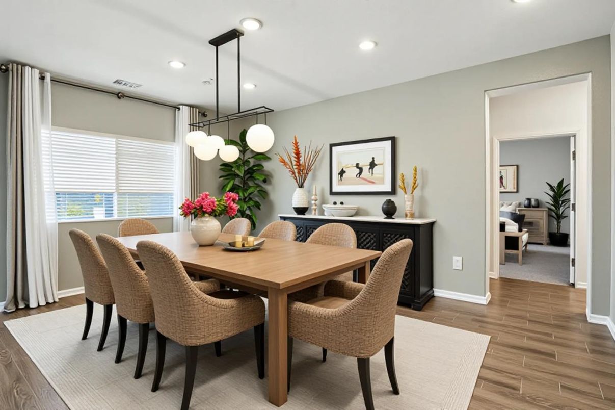 Dining room, Interior, Pendant Lights, Recessed Lighting, Wood Texture Flooring
