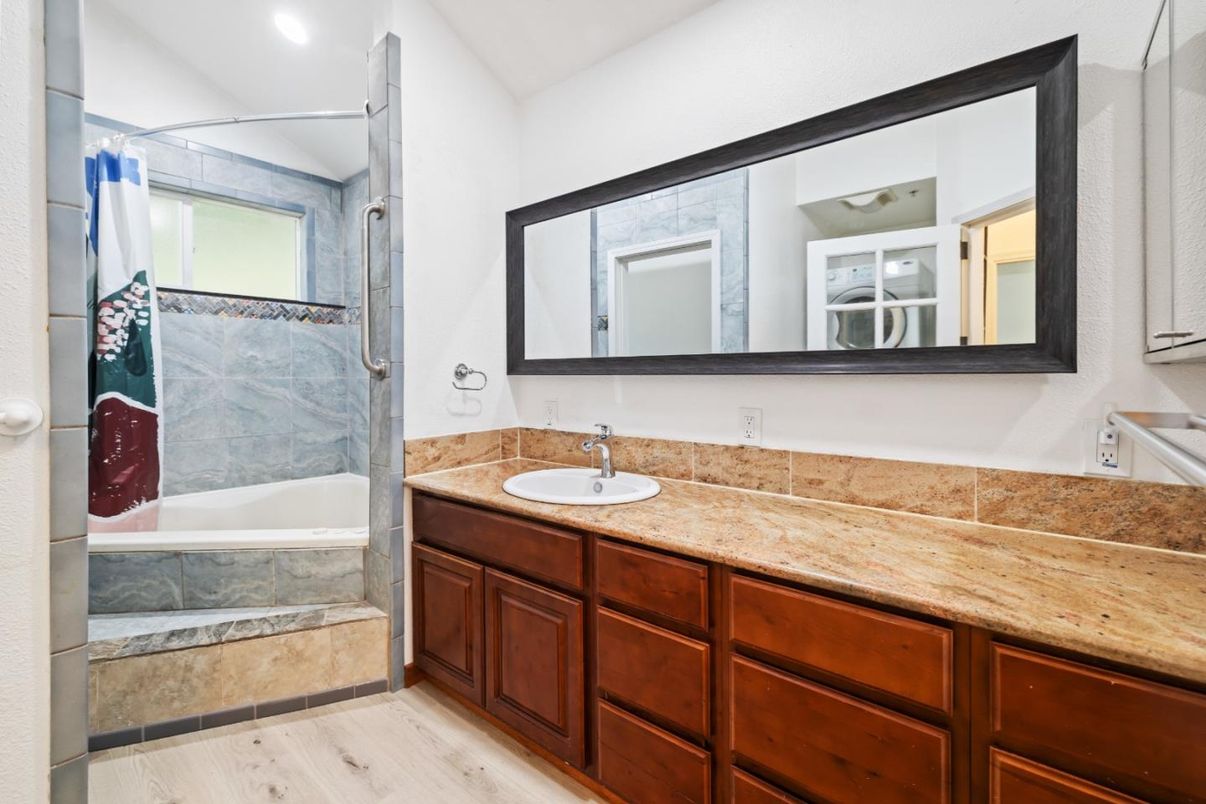 Bathroom, Dual Sink Vanities, Interior, Recessed Lighting, Wood Texture Flooring