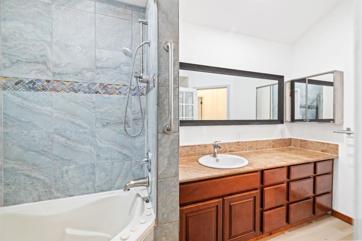 Bathroom, Interior, Marble Walls, Wood Texture Flooring