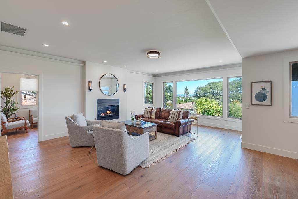 Fireplace, Interior, Living room, Recessed Lighting, Wood Texture Flooring
