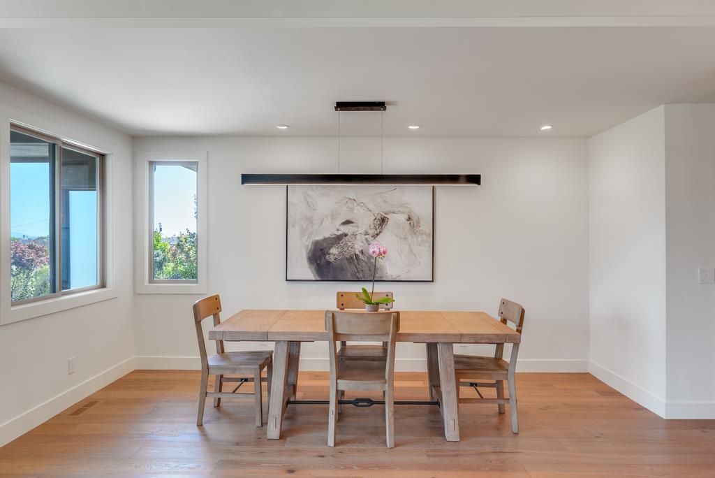 Dining room, Interior, Pendant Lights, Recessed Lighting, Wood Texture Flooring