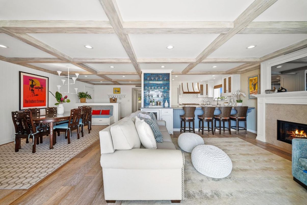 Dining room, Fireplace, Interior, Kitchen, Living room, Pendant Lights, Recessed Lighting, Wooden Beams, Wood Texture Flooring