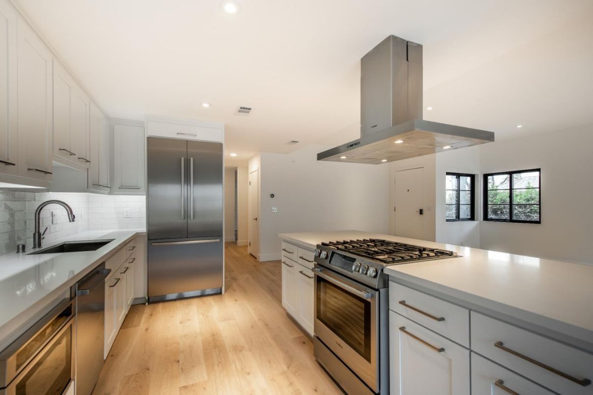 Interior, Kitchen, Recessed Lighting, Stainless Steel Appliances, Wood Texture Flooring