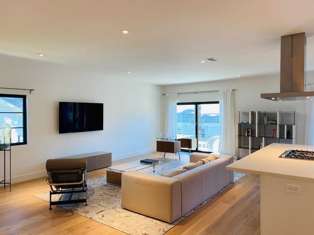 Interior, Kitchen, Living room, Recessed Lighting, Water, Wood Texture Flooring