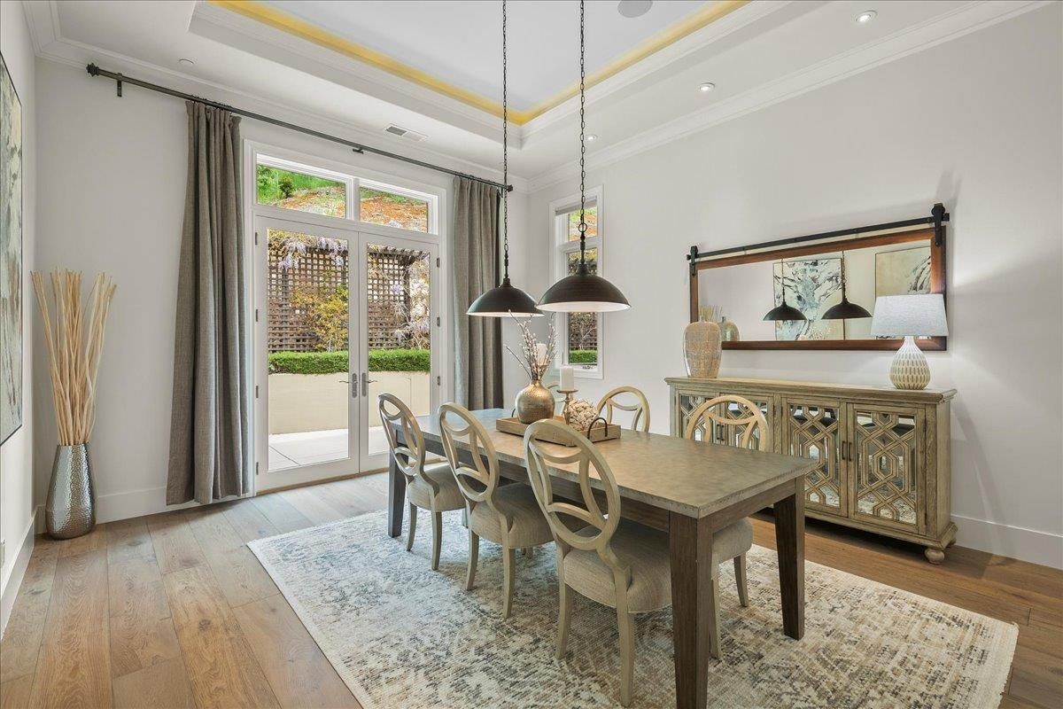 Dining room, Interior, Pendant Lights, Recessed Lighting, Wood Texture Flooring
