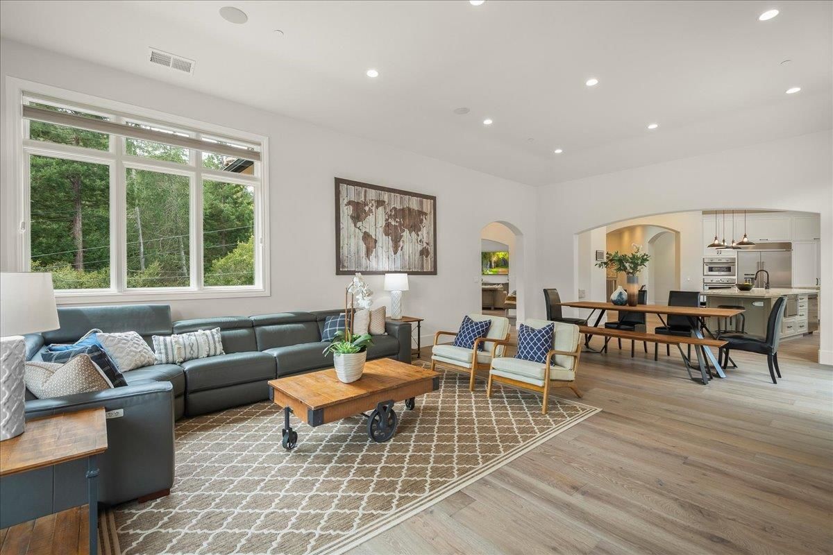 Dining room, Interior, Kitchen, Living room, Recessed Lighting, Wood Texture Flooring