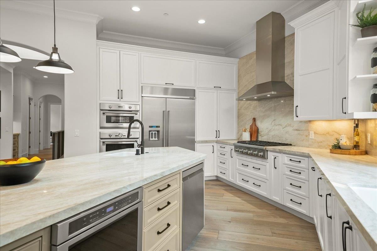 Interior, Kitchen, Pendant Lights, Recessed Lighting, Stainless Steel Appliances, Wood Texture Flooring