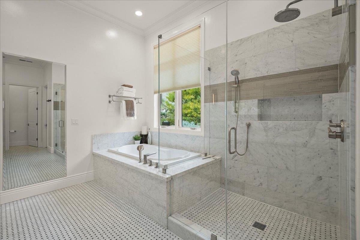 Bathroom, Glass Shower, Interior, Marble Walls, Recessed Lighting
