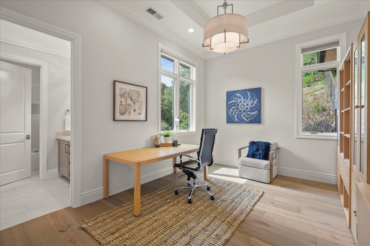 Home Office, Interior, Pendant Lights, Recessed Lighting, Wood Texture Flooring