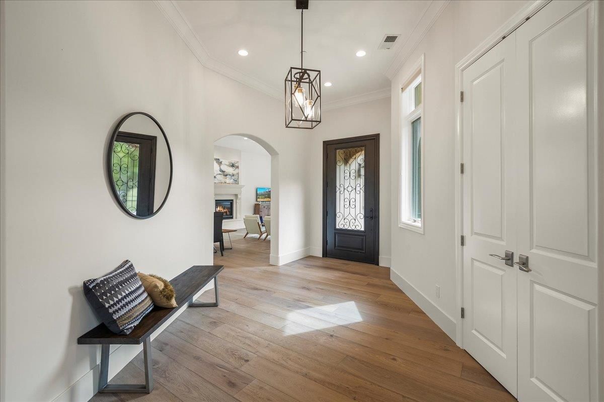 Fireplace, Interior, Pendant Lights, Recessed Lighting, Wood Texture Flooring