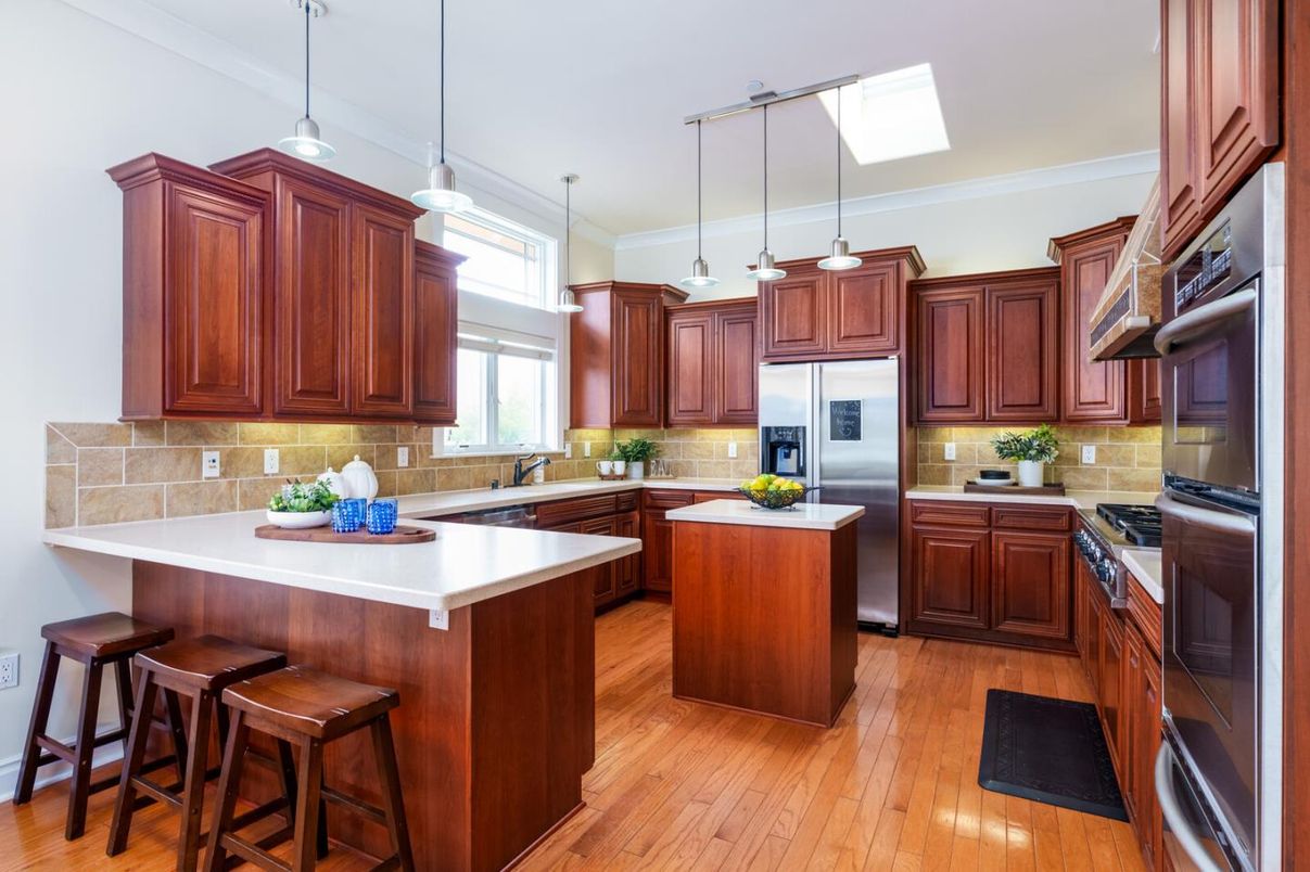 Interior, Kitchen, Pendant Lights, Stainless Steel Appliances, Wood Texture Flooring