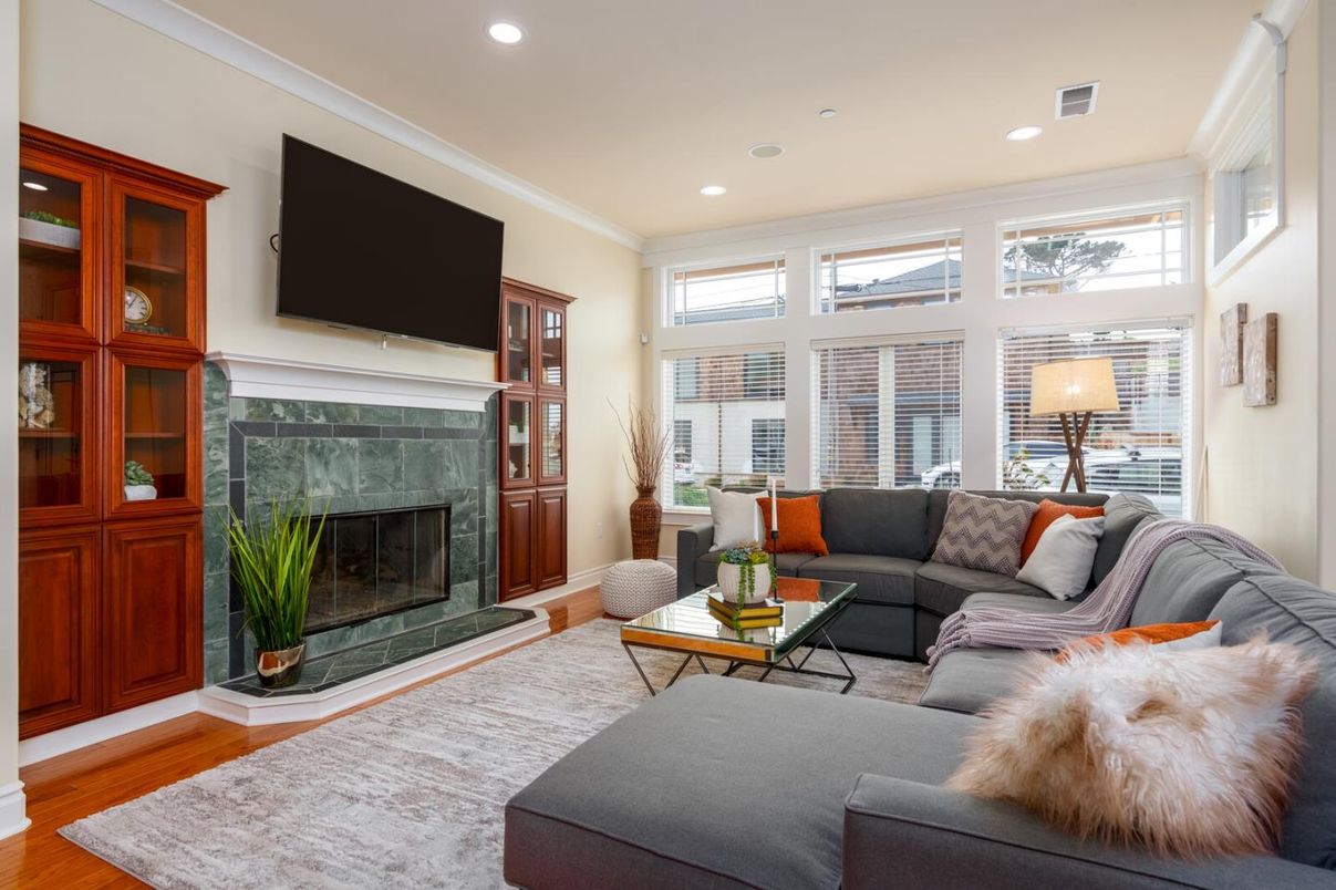 Fireplace, Interior, Living room, Recessed Lighting, Wood Texture Flooring