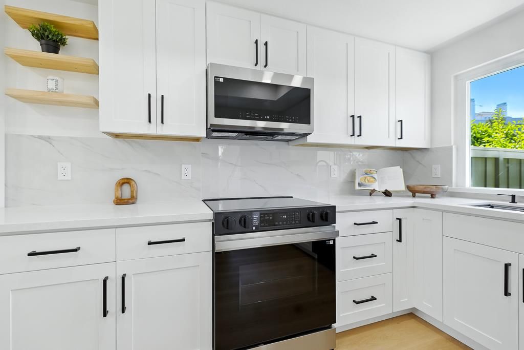 Interior, Kitchen, Marble Walls, Stainless Steel Appliances, Wood Texture Flooring