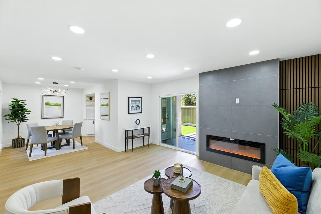 Dining room, Fireplace, Interior, Living room, Recessed Lighting, Wood Texture Flooring