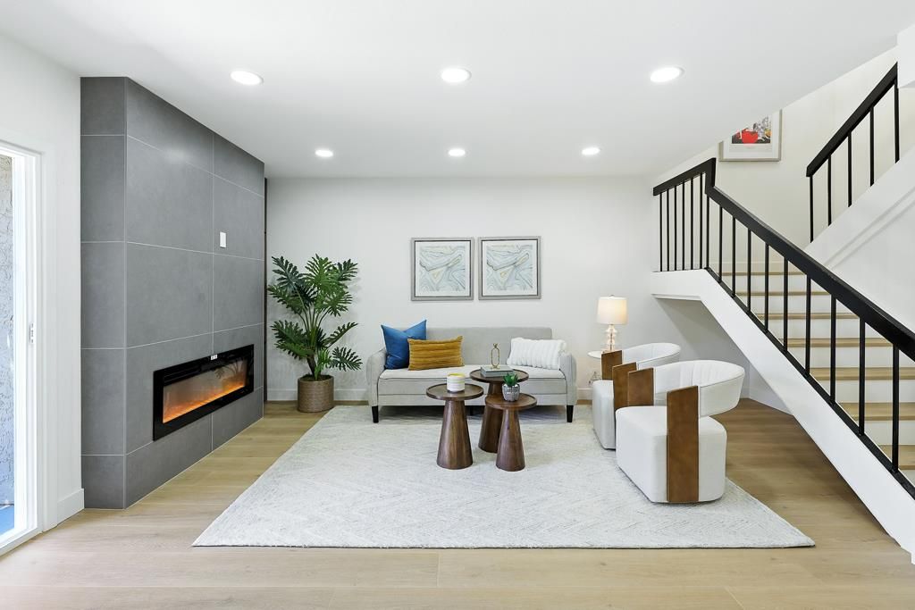 Fireplace, Interior, Living room, Recessed Lighting, Wood Texture Flooring