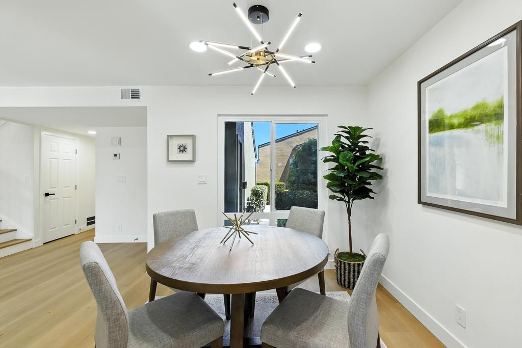 Dining room, Interior, Pendant Lights, Recessed Lighting, Wood Texture Flooring