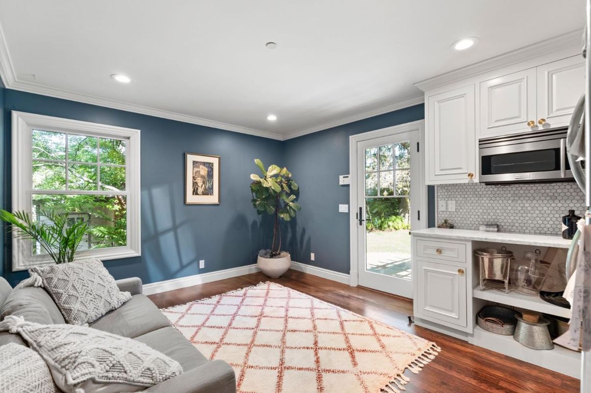 Interior, Kitchen, Living room, Recessed Lighting, Stainless Steel Appliances, Wood Texture Flooring