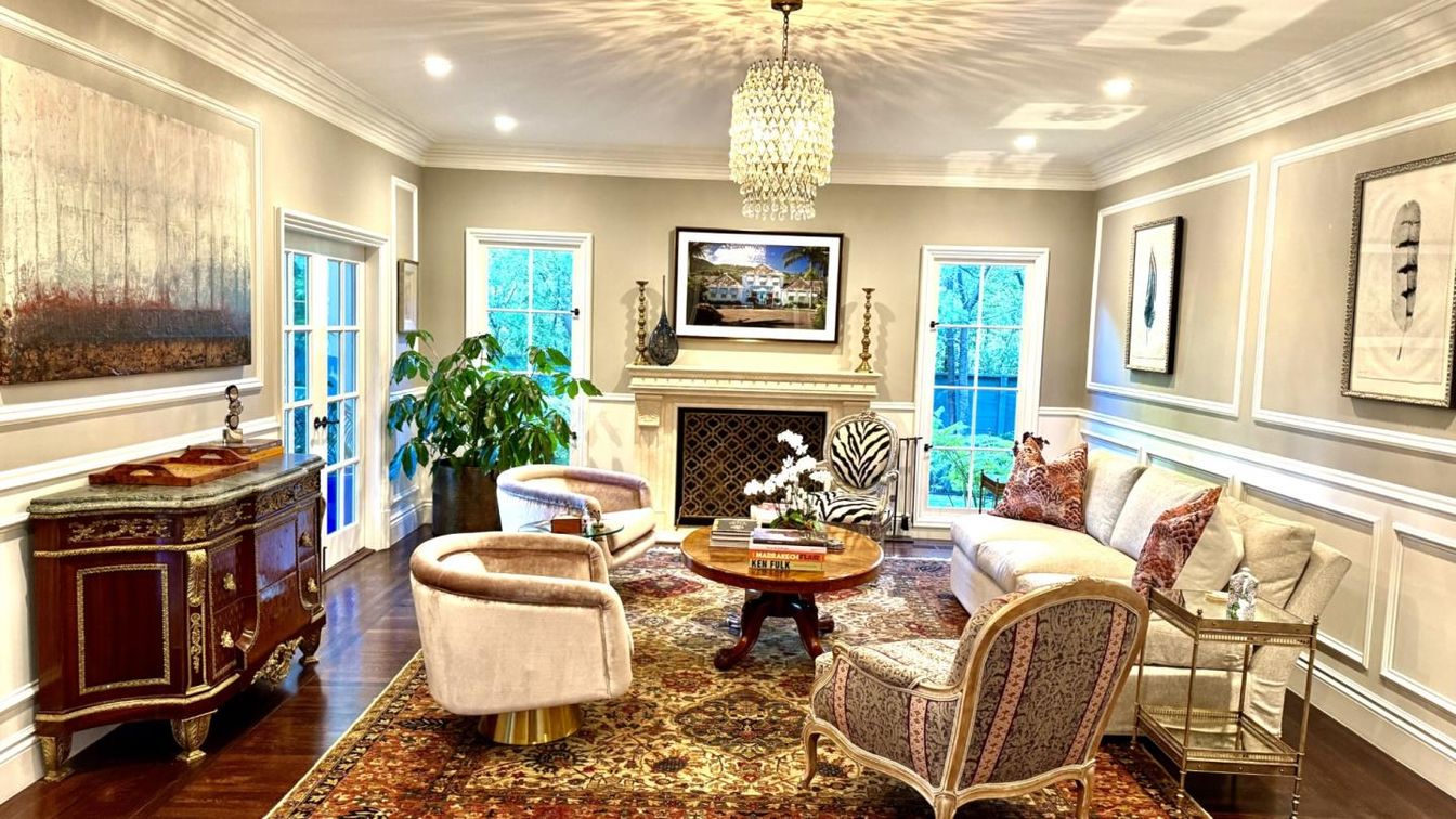 Chandelier, Fireplace, Interior, Living room, Recessed Lighting, Wood Texture Flooring