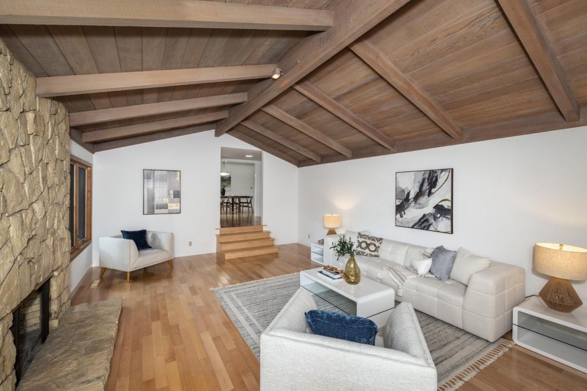 Fireplace, Interior, Living room, Recessed Lighting, Stone Walls, Wooden Beams, Wooden Ceilings, Wood Texture Flooring