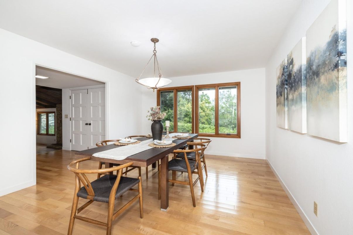 Dining room, Interior, Pendant Lights, Wood Texture Flooring