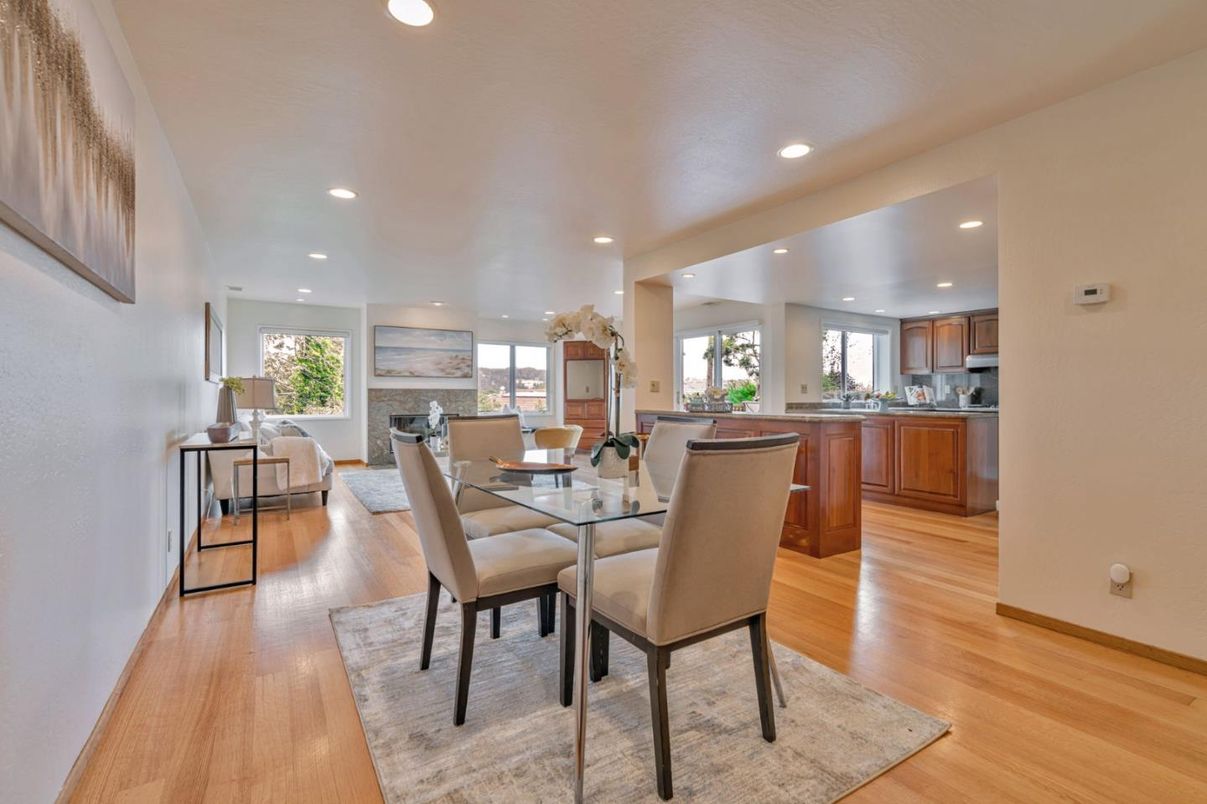 Dining room, Fireplace, Interior, Kitchen, Living room, Recessed Lighting, Wood Texture Flooring