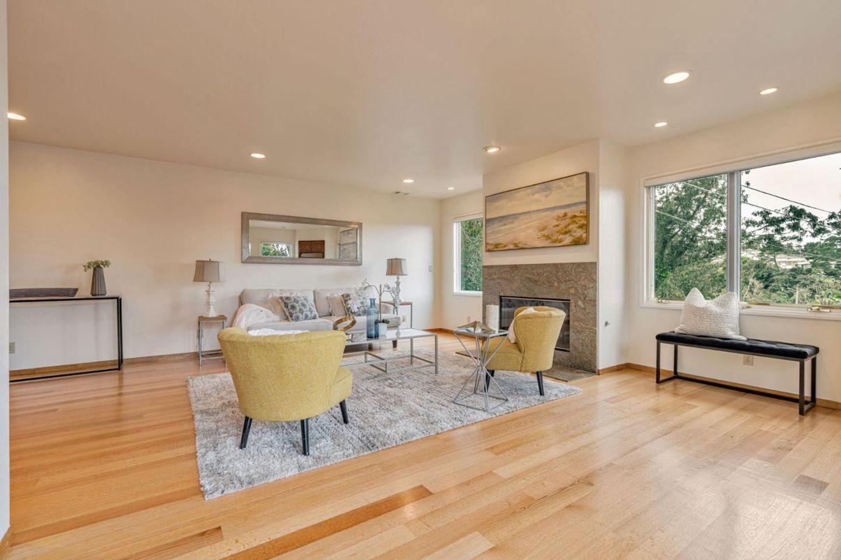 Fireplace, Interior, Living room, Recessed Lighting, Wood Texture Flooring
