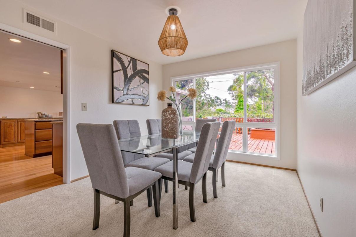 Dining room, Interior, Pendant Lights, Recessed Lighting, Wood Texture Flooring