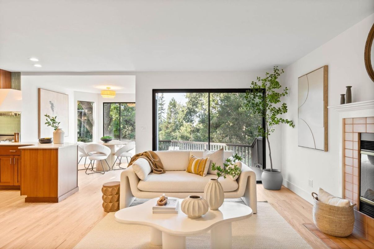 Dining room, Fireplace, Interior, Living room, Recessed Lighting, Wood Texture Flooring