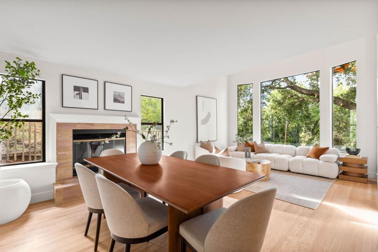 Dining room, Fireplace, Interior, Living room, Wood Texture Flooring
