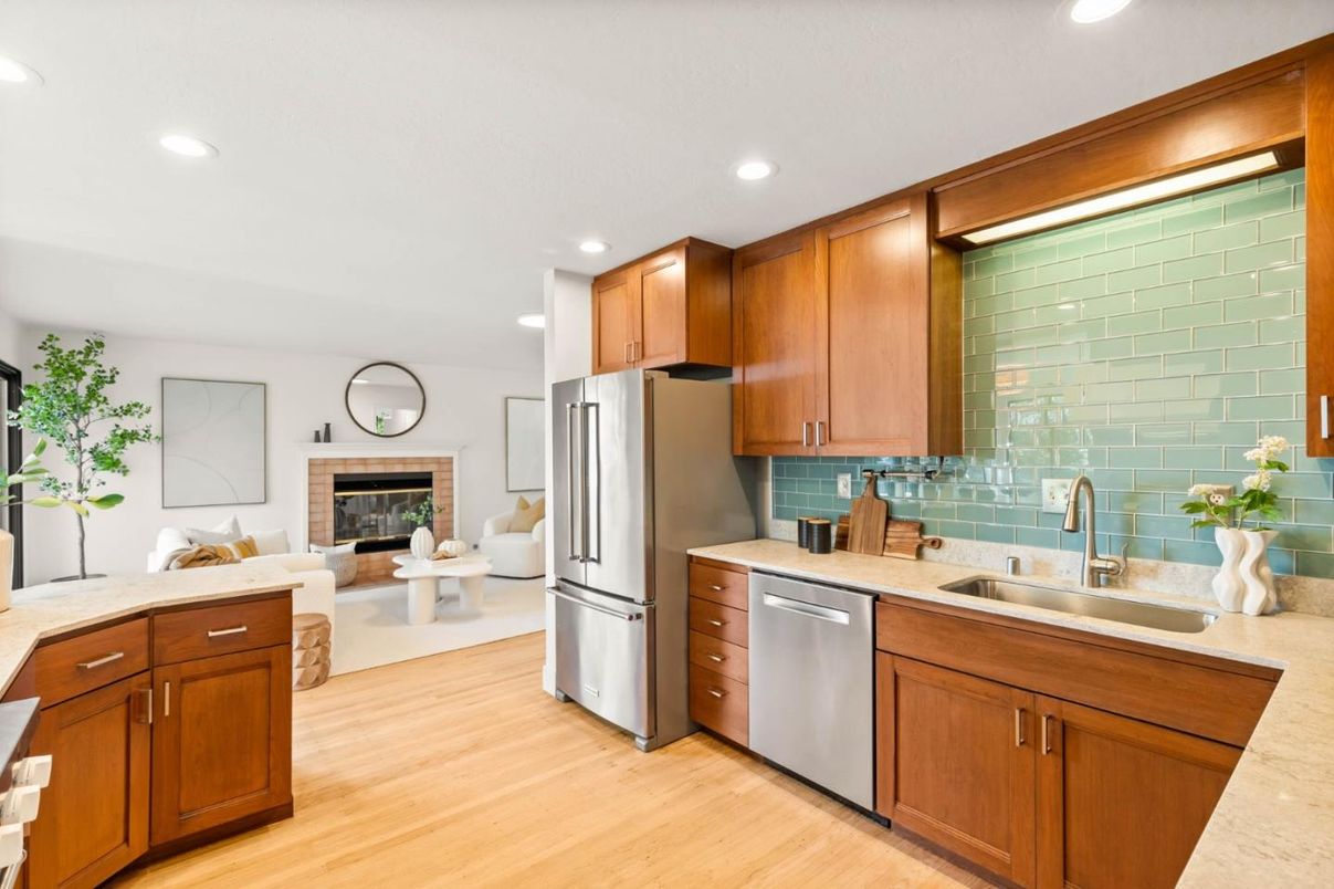 Fireplace, Interior, Kitchen, Living room, Recessed Lighting, Stainless Steel Appliances, Wood Texture Flooring