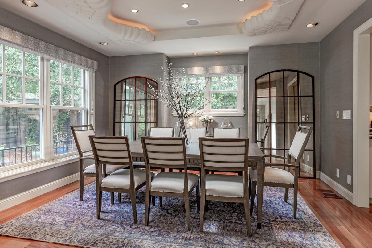 Dining room, Interior, Recessed Lighting, Wood Texture Flooring