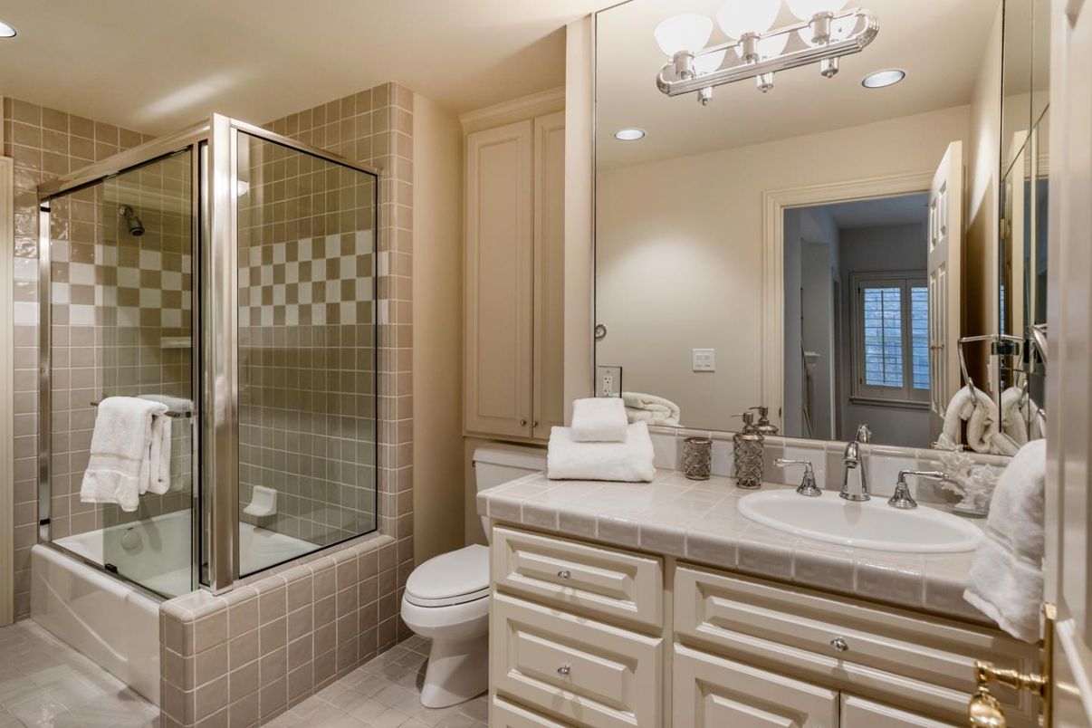 Bathroom, Glass Shower, Interior, Recessed Lighting, Tile Countertops