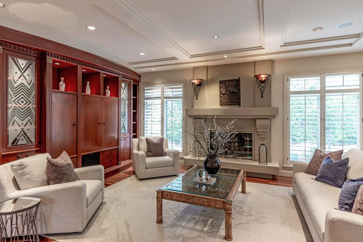 Fireplace, Interior, Living room, Recessed Lighting, Wood Texture Flooring