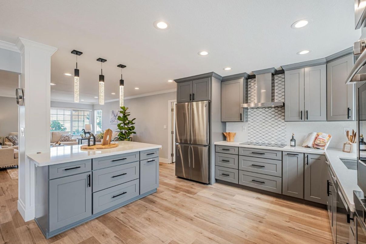 Interior, Kitchen, Pendant Lights, Recessed Lighting, Stainless Steel Appliances, Wood Texture Flooring