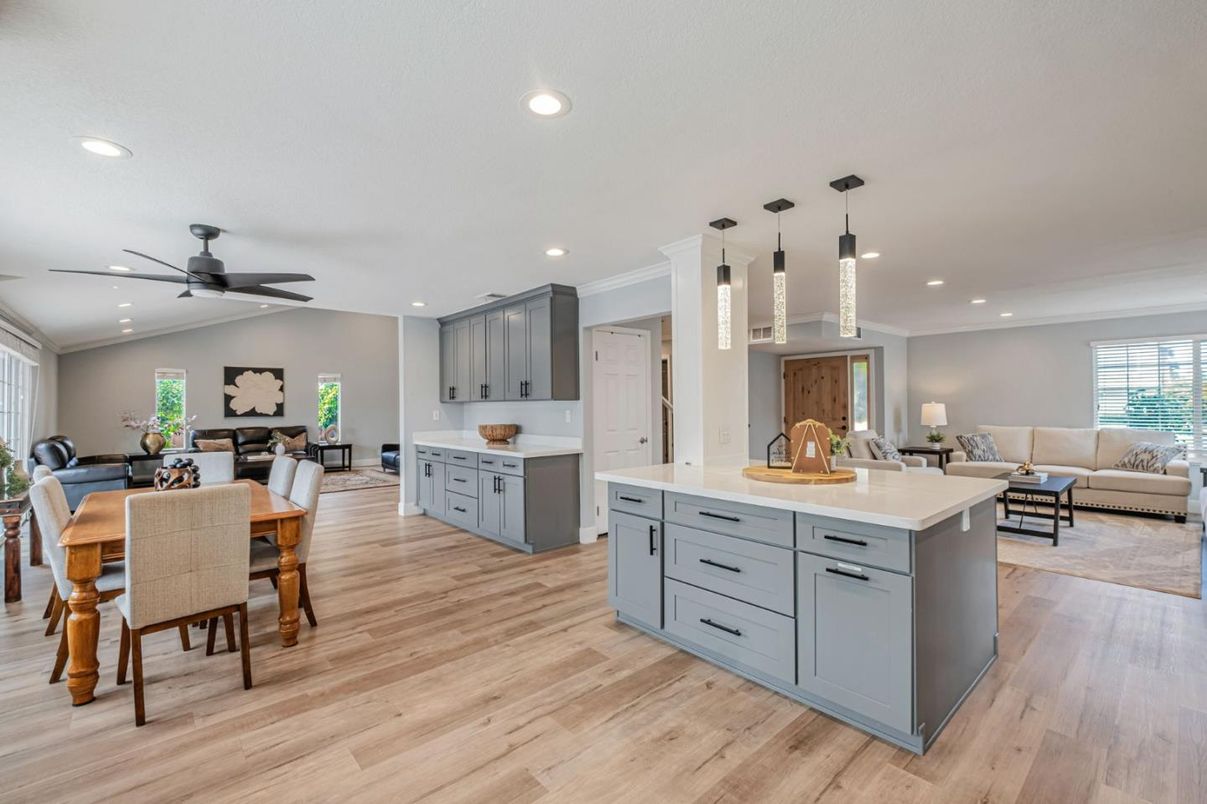 Dining room, Interior, Kitchen, Living room, Pendant Lights, Recessed Lighting, Wood Texture Flooring