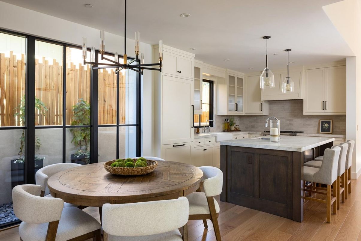 Dining room, Interior, Kitchen, Pendant Lights, Recessed Lighting, Wood Texture Flooring