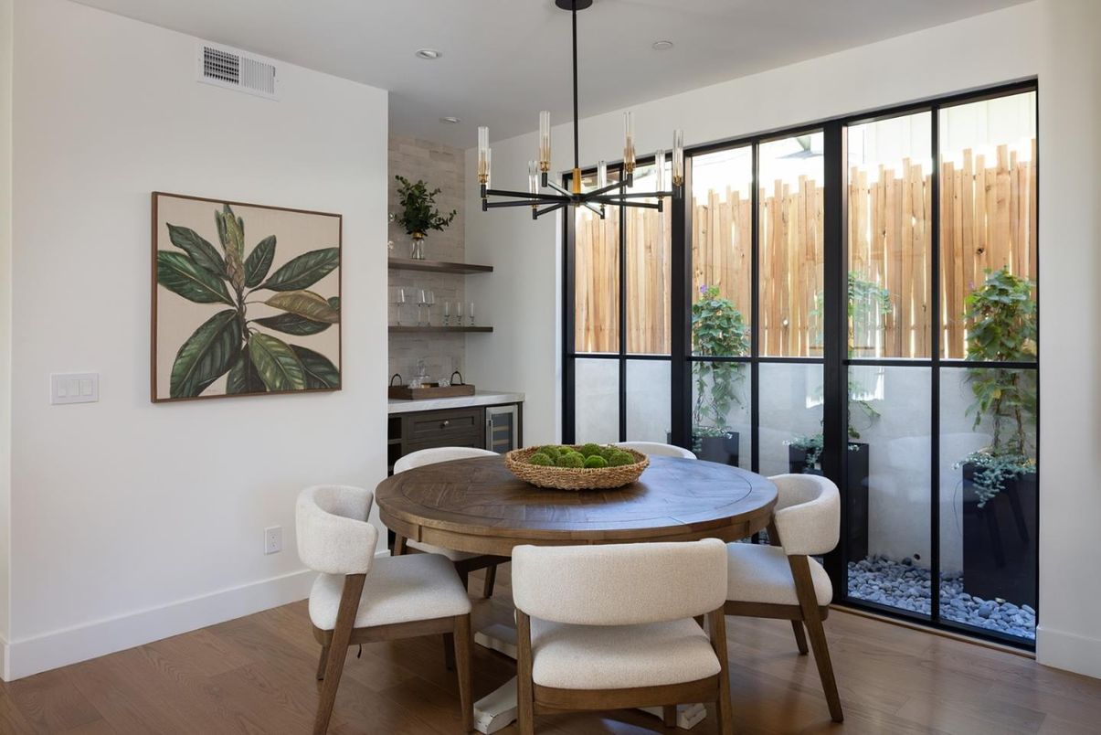 Dining room, Interior, Pendant Lights, Recessed Lighting, Wood Texture Flooring