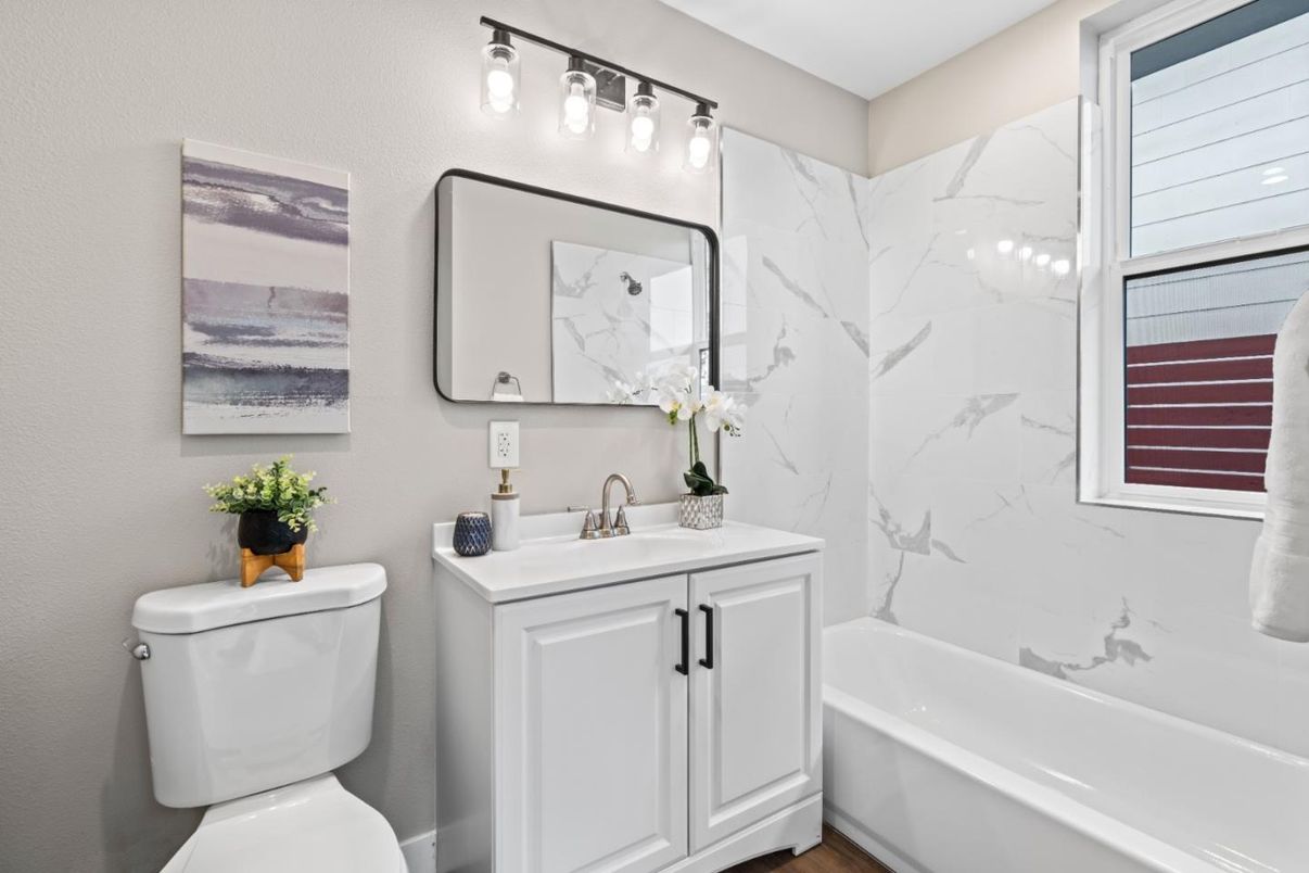 Bathroom, Interior, Marble Walls, Wood Texture Flooring