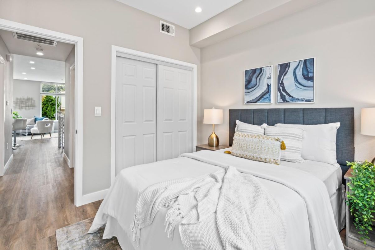 Bedroom, Interior, Recessed Lighting, Wood Texture Flooring